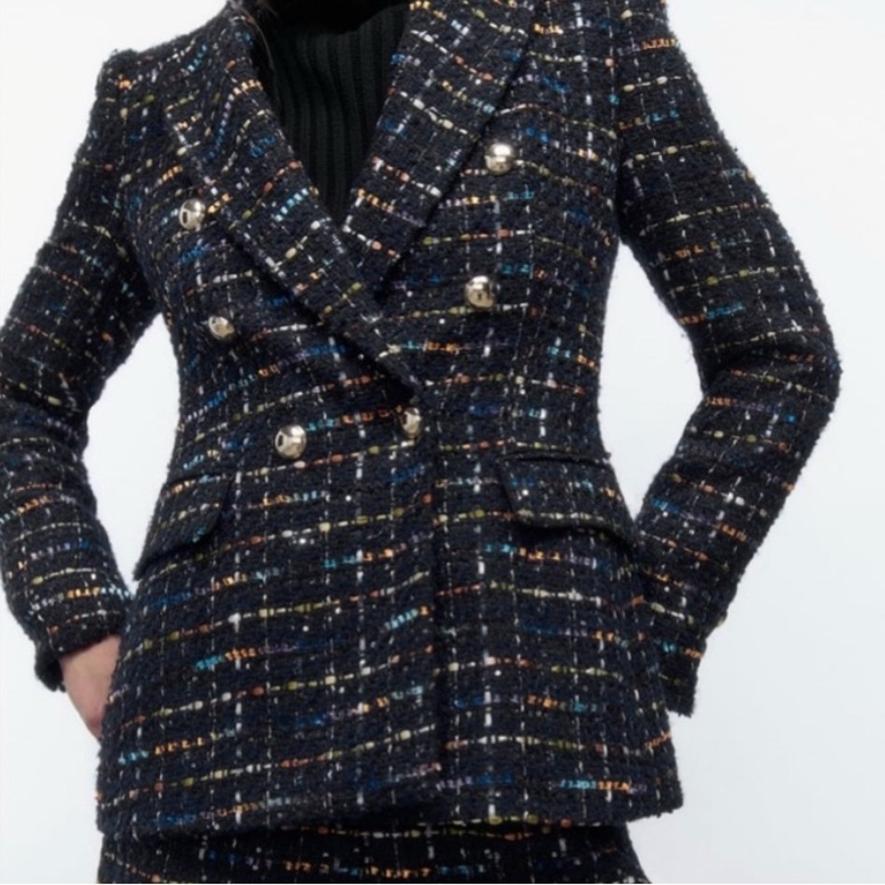 ZARA | NWOT - Double Breasted Textured Weave Blazer - Size XL - Navy